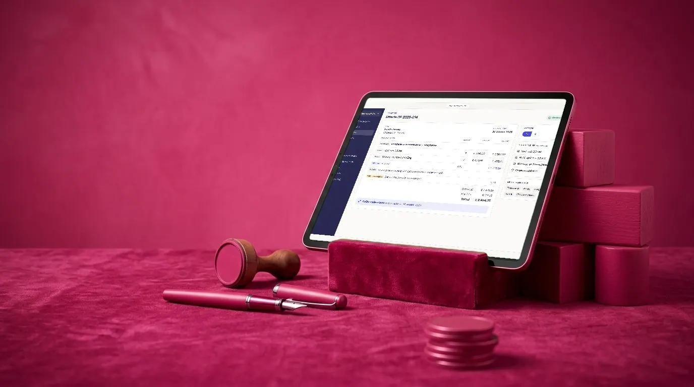 Een tablet met een offerte in de app van Next Apex, naast een vulpen en een stempel
