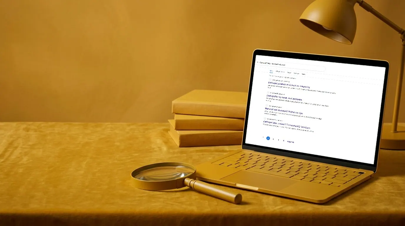 Laptop met zoekresultaten en een vergrootglas