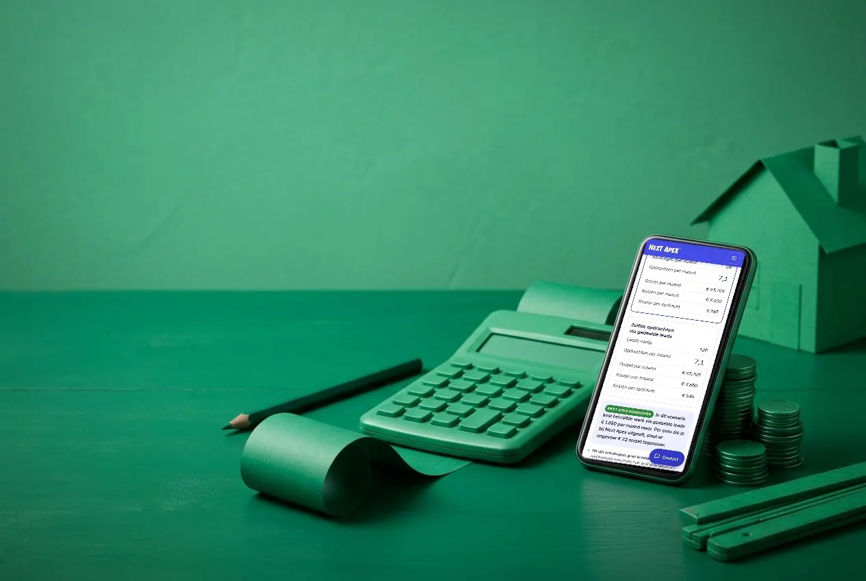 Telefoon met de rekenhulp van Next Apex tegen een stapel munten, naast een rekenmachine en een bonnetjesrol