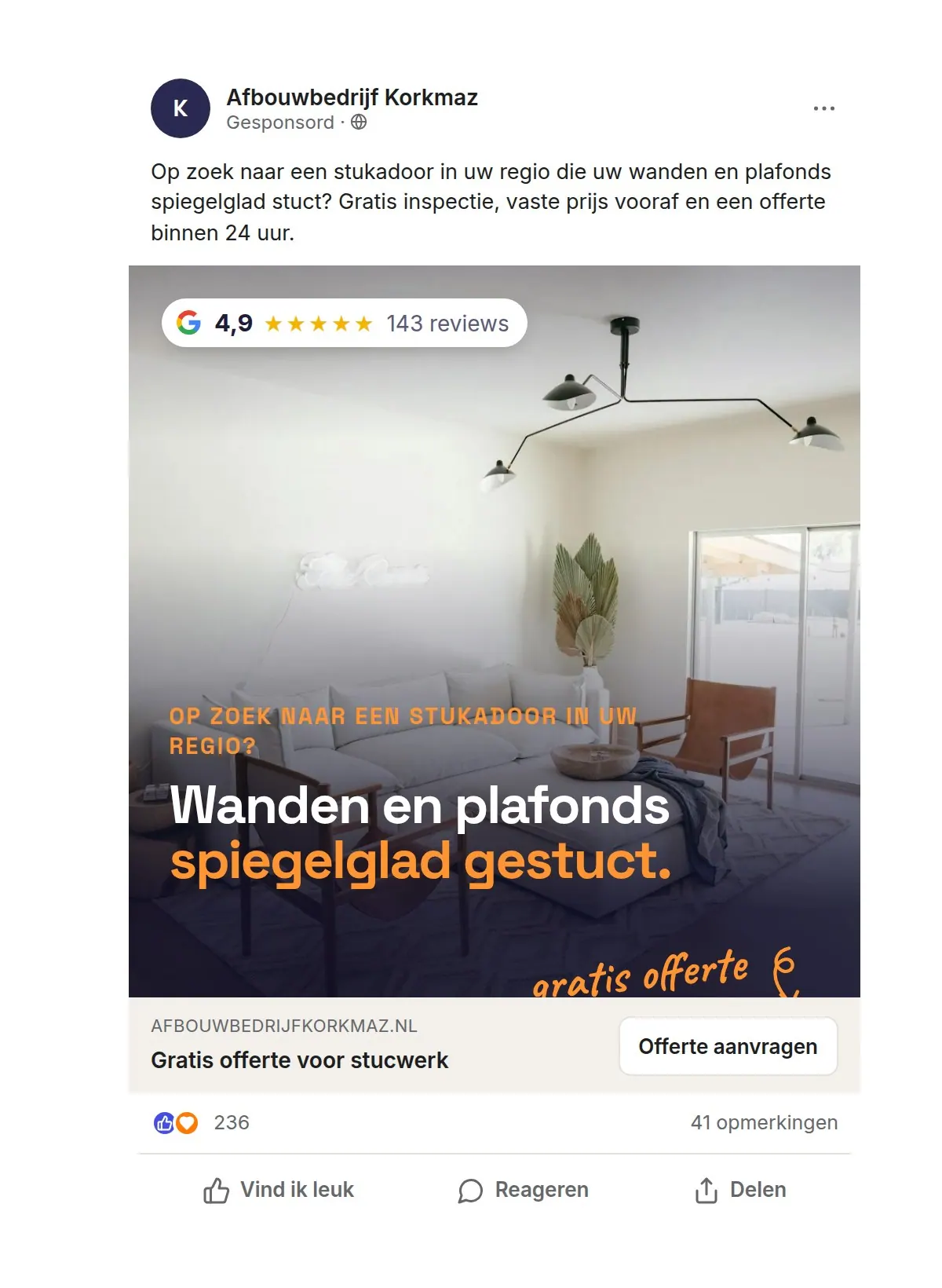 Een Facebook-advertentie van Afbouwbedrijf Korkmaz