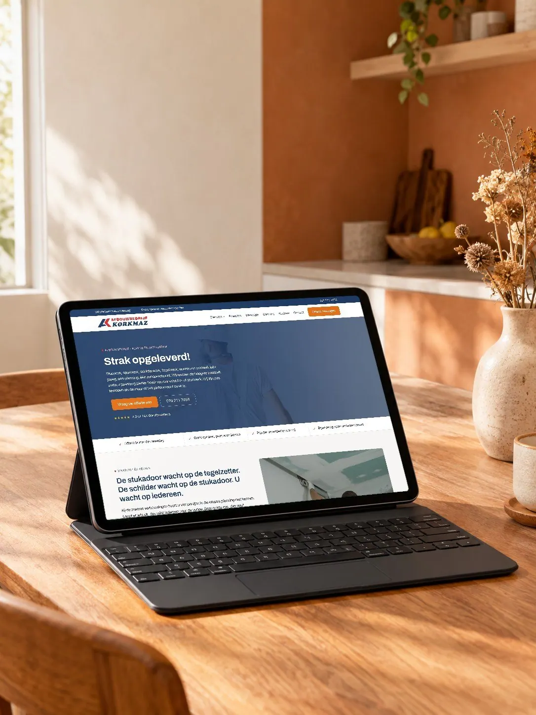 De nieuwe website van Afbouwbedrijf Korkmaz op een tablet