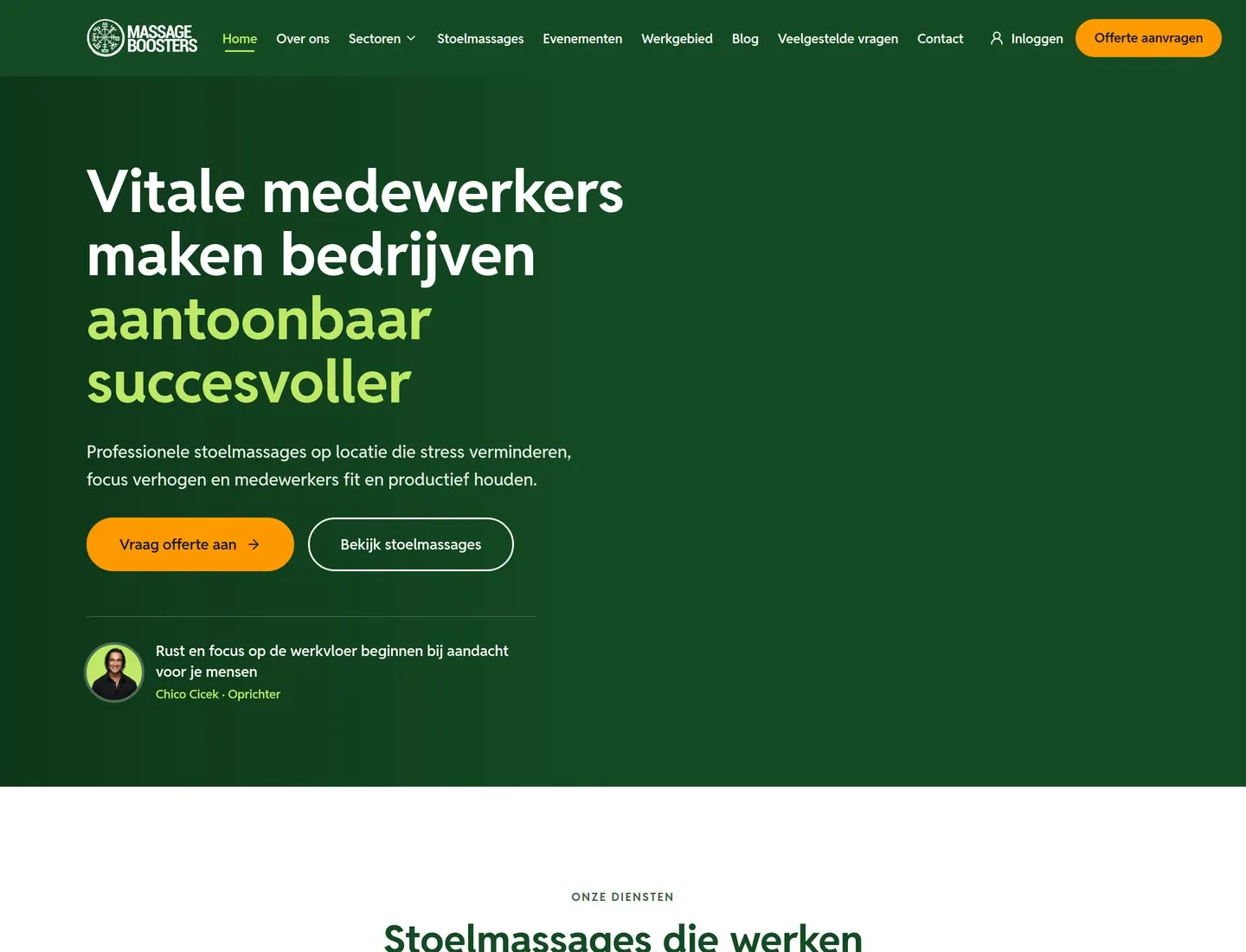 Een pagina van de nieuwe site van Massage Boosters