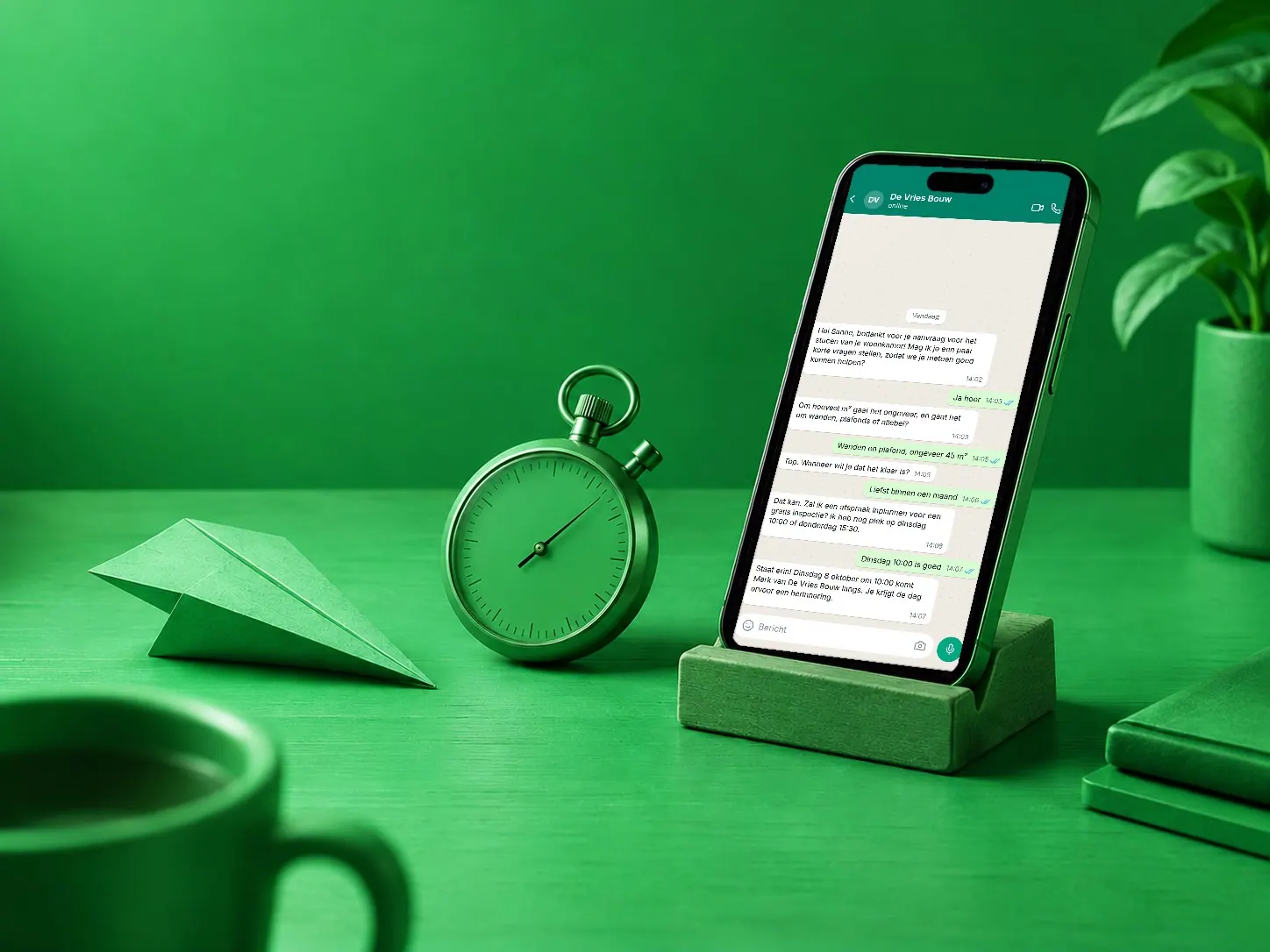 Telefoon met een WhatsApp-gesprek waarin een afspraak wordt ingepland, naast een stopwatch