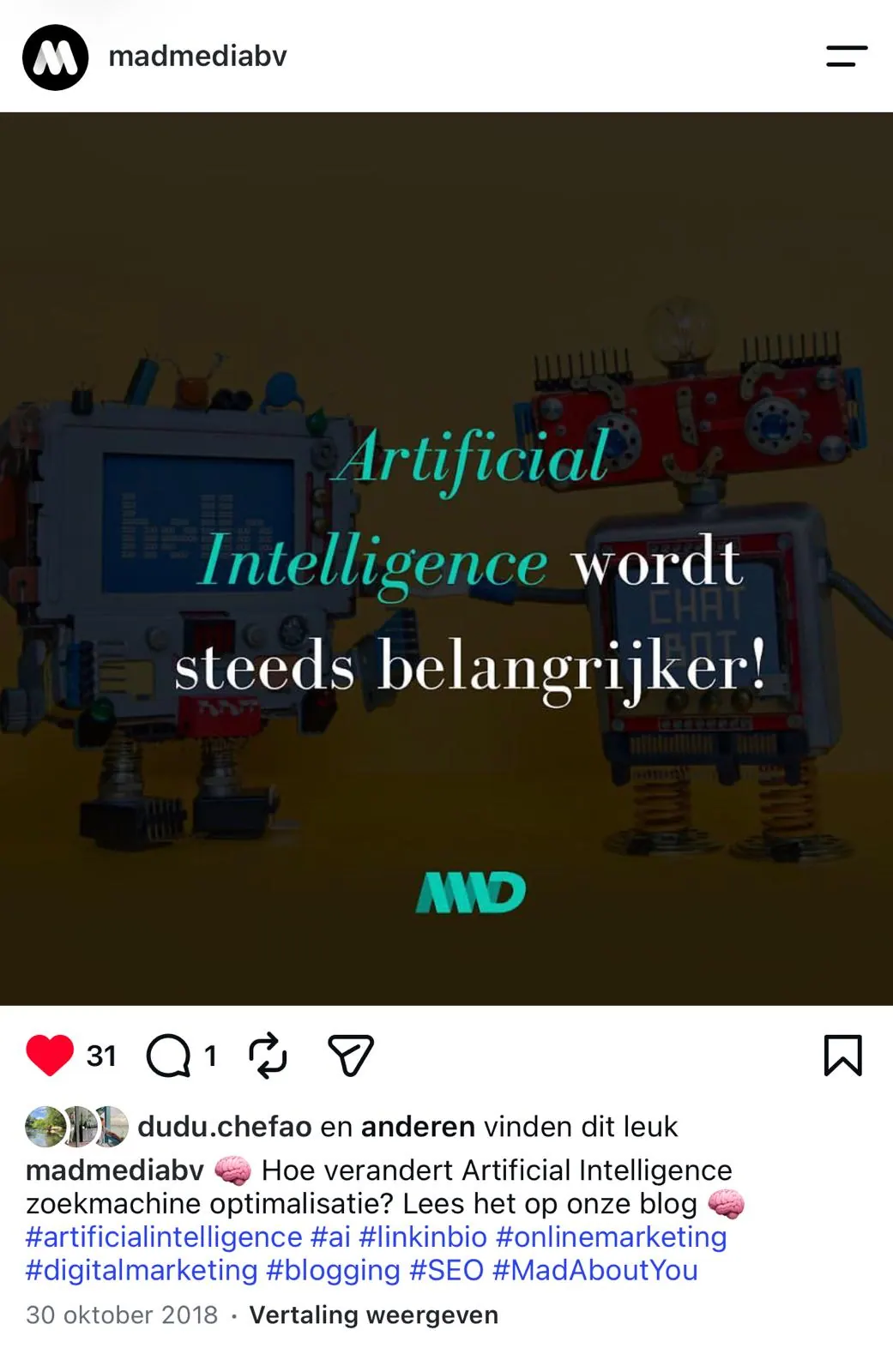 Instagram-post van Mad Media uit 2018 over AI in marketing
