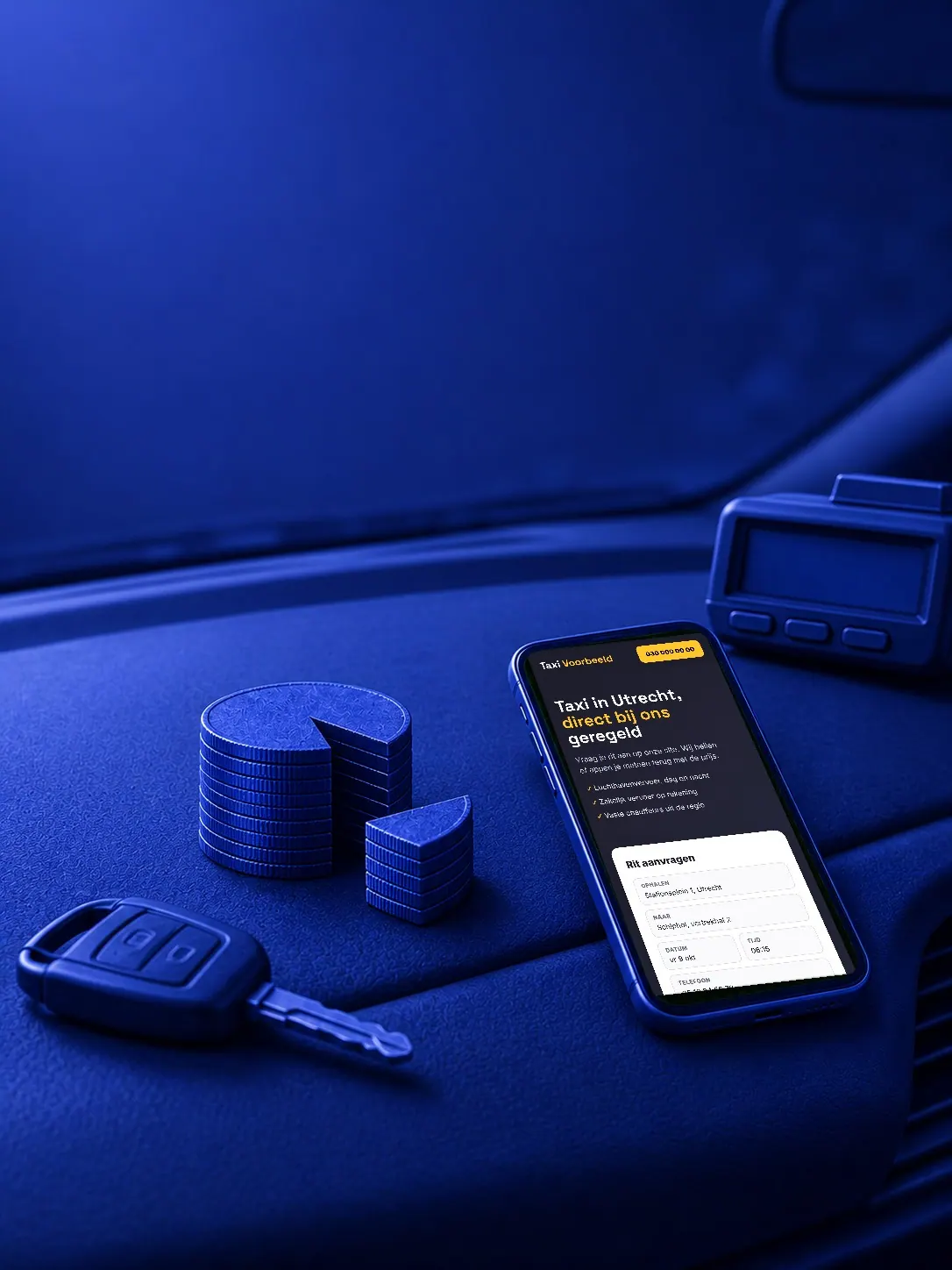 Telefoon met een taxisite op het dashboard van een auto, naast een stapel munten waar een punt uit is gesneden, in nachtblauw