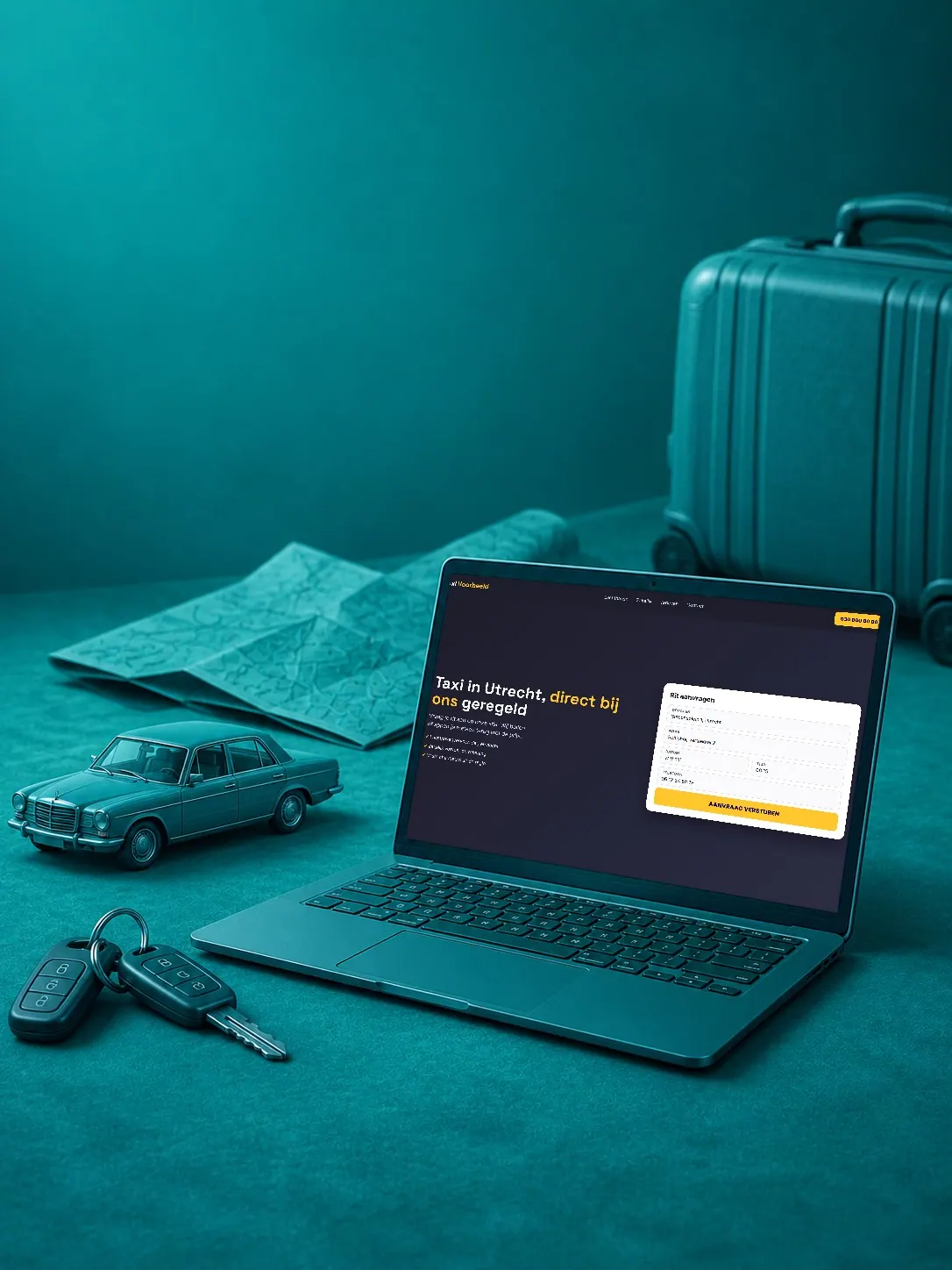 Laptop met de demo van een taxisite met het formulier Rit aanvragen, naast een modelauto, autosleutels, een kaart en een koffer, in turquoise