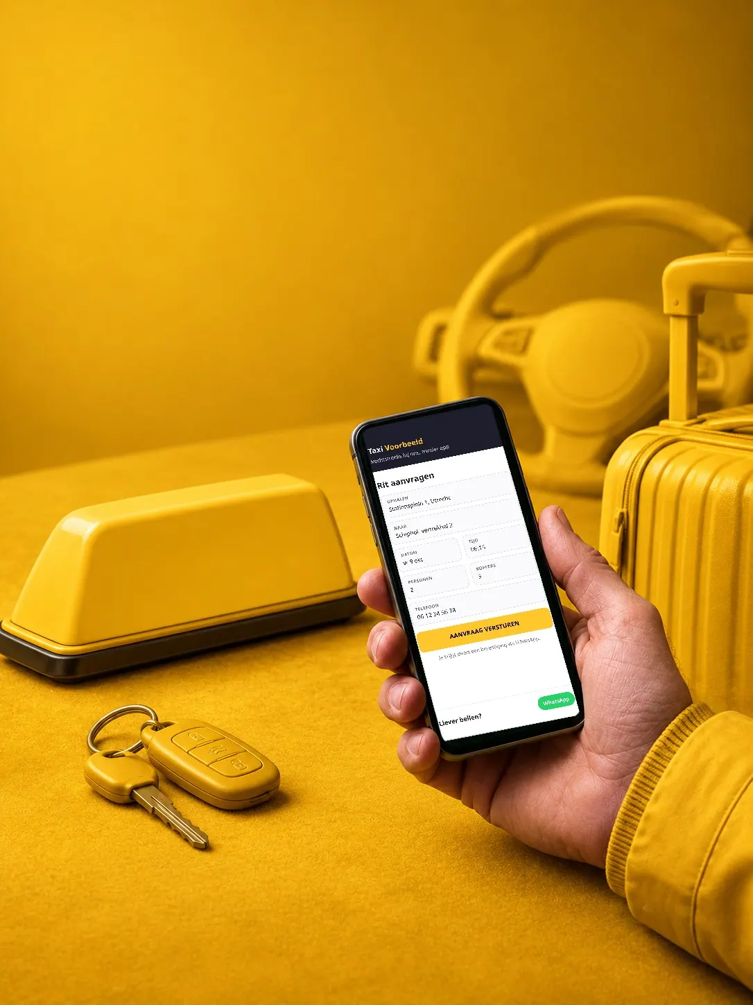 Hand met een telefoon waarop een taxisite met het formulier Rit aanvragen, naast een taxidaklicht, autosleutels, een stuur en een koffer, alles in taxigeel